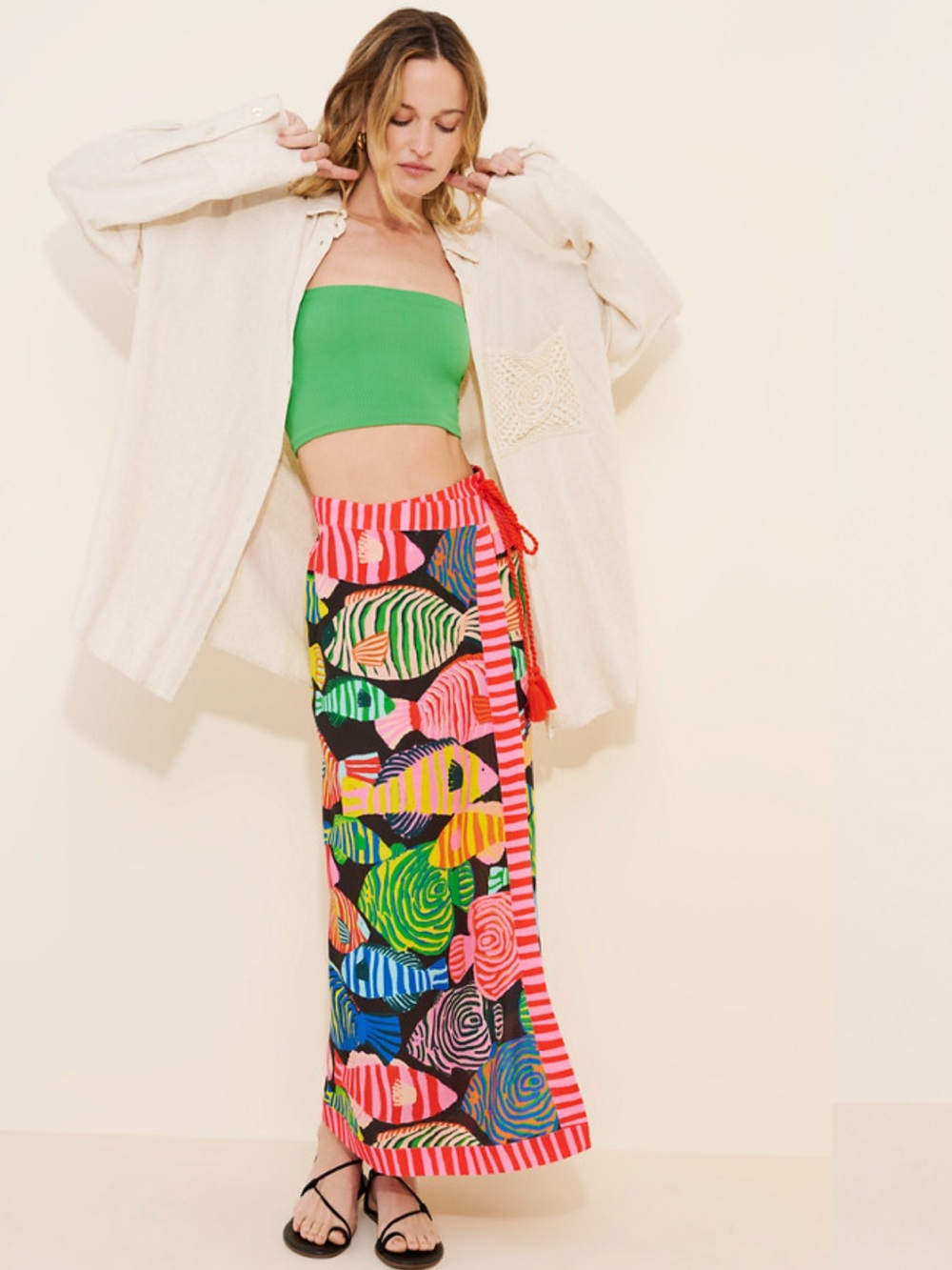 Farm Rio Anthropologie Fish Print Midi Wrap Skirt